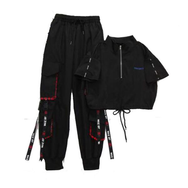 

women's pants & capris autumn women high waist cargo handsome two-piece streetwear black ankle length elastic, Black;white