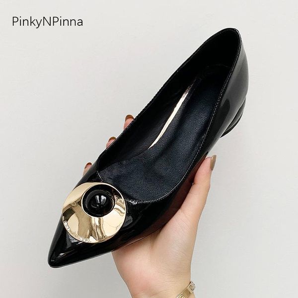 

dress shoes fashion women low heels pumps golden metallic tablet embellished shining patent leather party summer office plus size 431, Black
