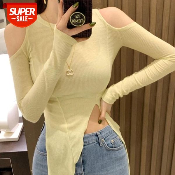 

2021 women sexy and club fashion female T-shirt long sleeve off shoulder solid color lady Tshirt Summer Crop Top Asymmetry Tees #4C1y, White