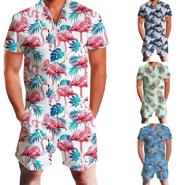 

men's casual shirts men fashion print jumpsuit overalls zipper one piece hawaiian shorts home clothes mens short sleeve shirt, White;black