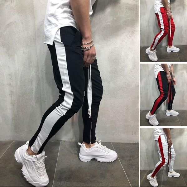 

men's pants zogaa 2021 men side striped patchwork sweatpants skinny drawstring hip hop trousers male fitness jogger casual track, Black