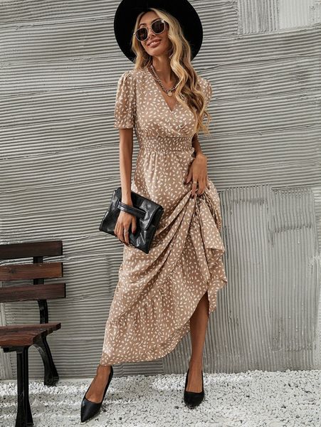 

allover print flounce sleeve shirred ruffle hem maxi dress a2sm#, Black;gray