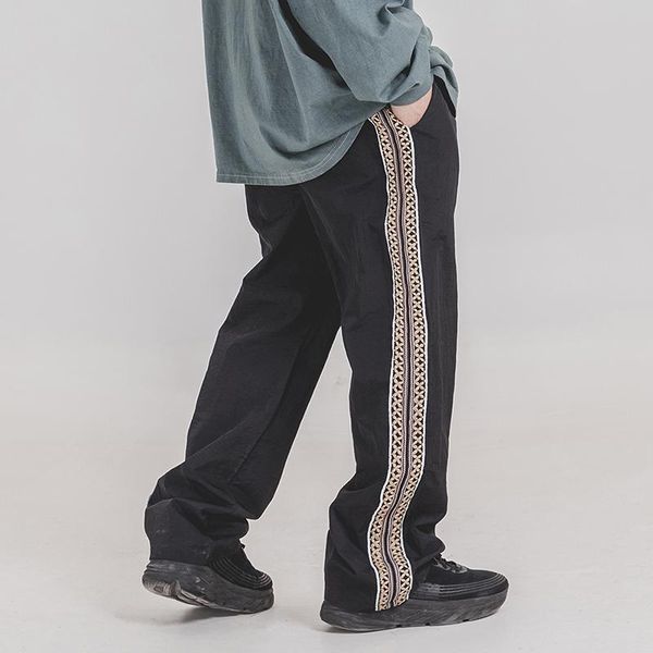 

hip hop chinese side embroidery loose casual pants men and women harajuku thin elastic waist wide-leg baggy trousers oversize men's, Black