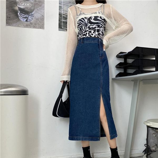 

chic women skirt harajuku jeans womens autumn split denim femme high waist long skirts vintage side zipper saia, Black