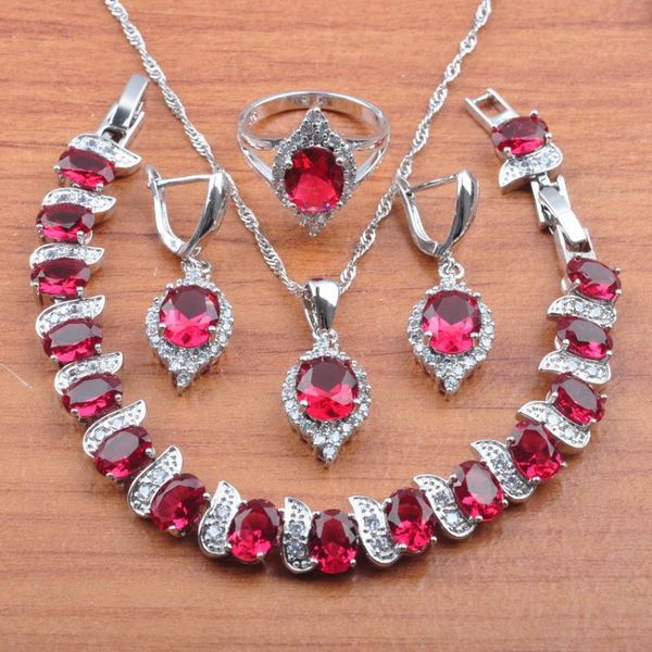 

wedding jewelry sets sparkling rose red crystal 925 silver set for women christmas gift earrings necklace pendant rings bracelet js0517, Slivery;golden