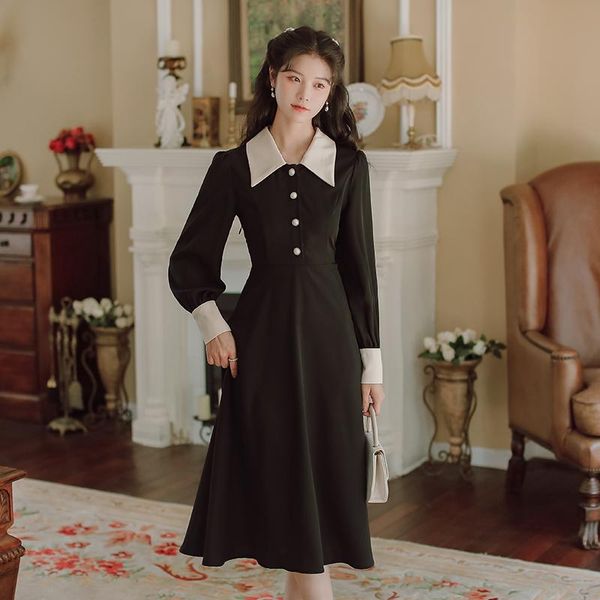 

casual dresses simple chic black stitching lapel dress literary retro hepburn style long sleeved pearl button vintage autumn 2021, Black;gray
