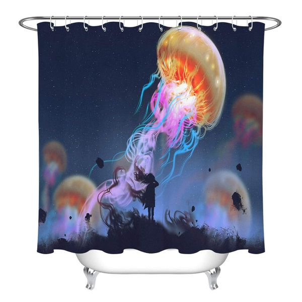 

anime giant jellyfish girl set 12 hook shower curtain waterproof toilet decoration