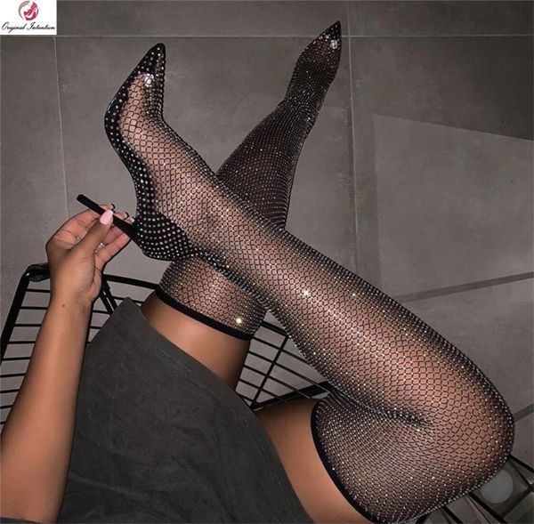 

boots original intention women summer fishnet thigh high slim heels rhinestone shoes woman plus size 4-15, Black