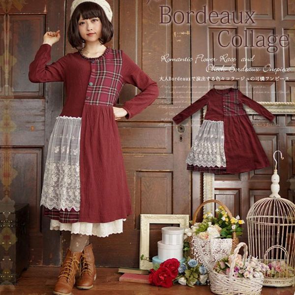 

casual dresses mori girl women bordeaux plaid dress irregular lace flower spring 2021 long sleeve ladies outwear knee length red t644, Black;gray