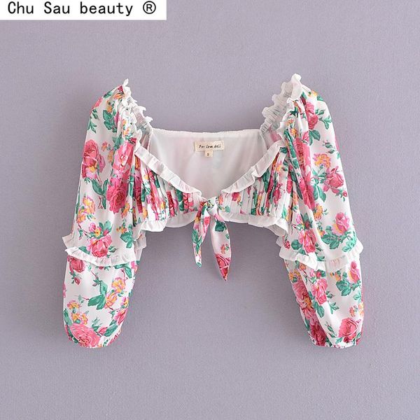 

women's blouses & shirts 2021 summer deep v-neck vintage floral print ruffled puff sleeve crop women + folds mini skirt set chic, White