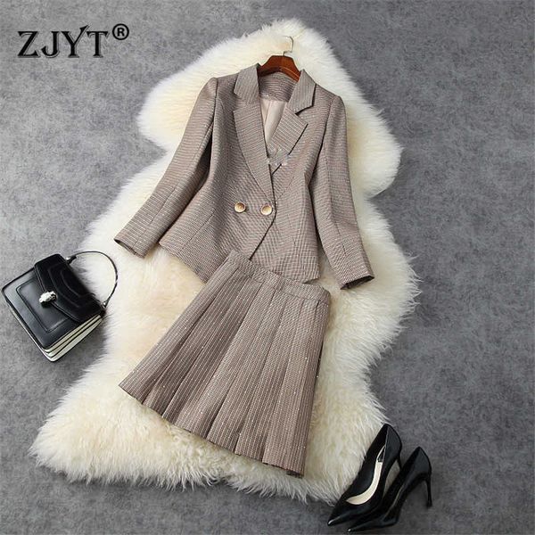 

spring fashion runway two piece outfit women notched blazer and pleated skirt suit office lady party twinset 210601, White