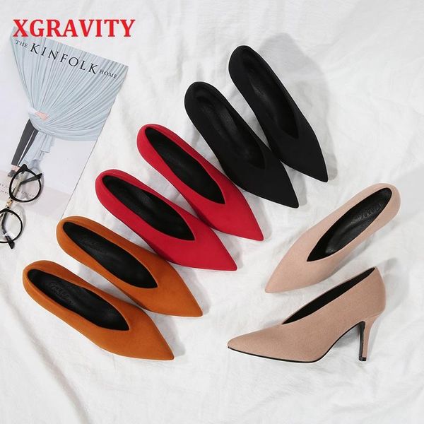 

dress shoes xgravity european american autumn fashion high heel pumps pointed toe women kid suede female v cut ladies a025, Black