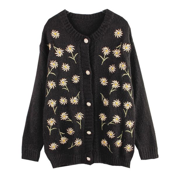 

knits retro embroidery knitted women round neck pearl sweater coat small fresh black cardigan, White