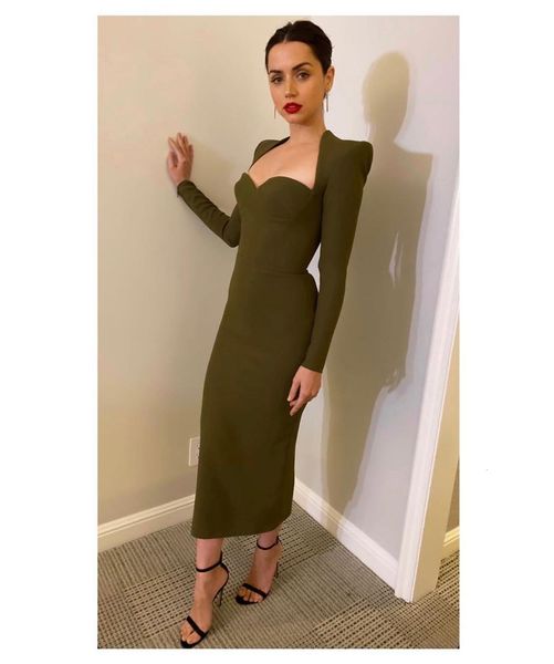 

dress army green tight v-neck long sleeve shoulder rayon bandage evening dress, Black;gray