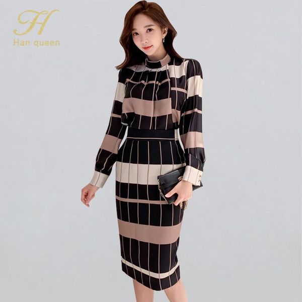 

two piece dress h han queen 2 pieces set women 2021 winter print plaid geometric shirts blouses and high waist sheath pencil bodycon skirts, White