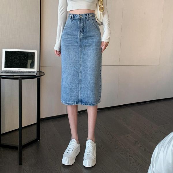 

skirts spring denim skirt split small temperament high waist a-line medium length buttock summer 150xs, Black