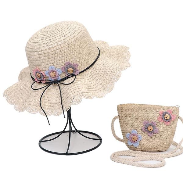 

1set sun hat with bag children summer style straw shoulder flower tether brim beach wholesale wide hats, Blue;gray