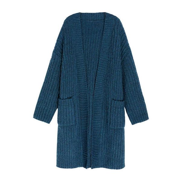 

women's wool & blends warm knitted sweater coat autumn and winter loose long-sleeved cardigan long fashion style blue thick, Black
