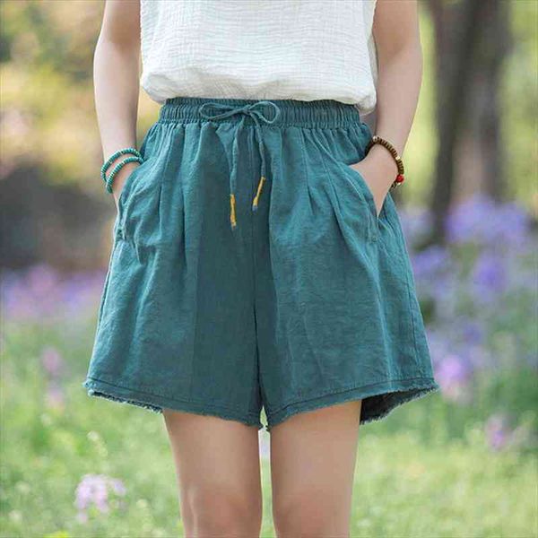 

cotton linen wide leg women short elastic waist patchwork pockets summer solid color loose casual, White;black