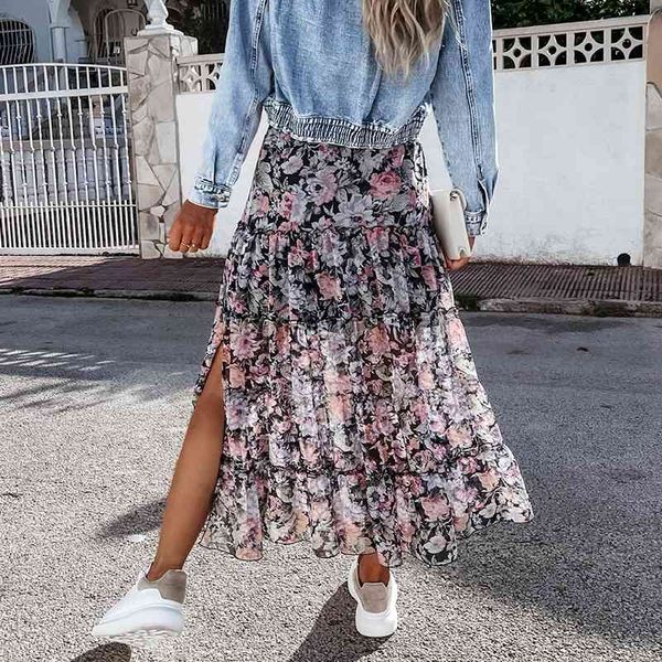 

skirts bohemian long for women chiffon floral printed split beach style a-line female boho spring summer clothes z6cd, Black