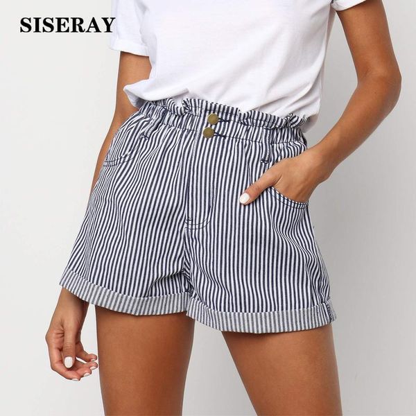 

women's shorts arrival summer striped short women rolled up casual with frill waist cotton high waisted pants for, White;black