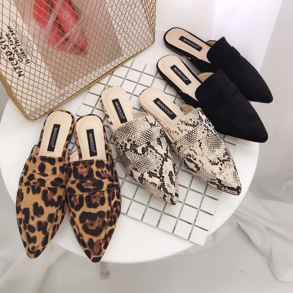 

pointed flat bottom baotou muller slippers spring summer simple snakeskin pattern deep mouth low heel womens shoes, Black