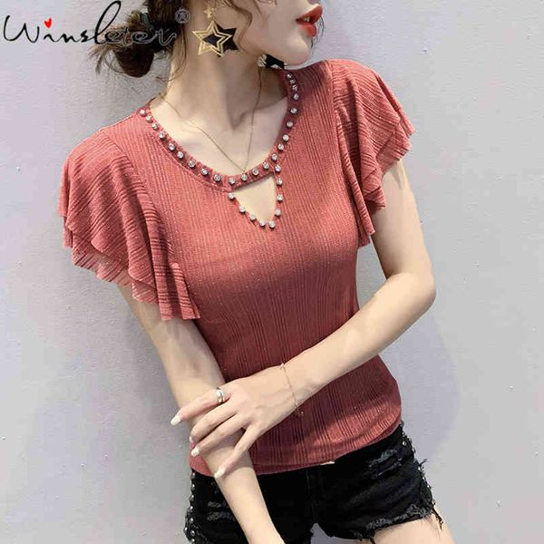 

women's t-shirt summer european clothes fashion hollow out shiny beading women short sleeve ruffles slim tees 2021 t1360, White