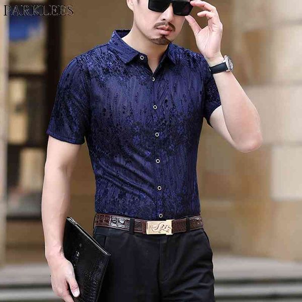 

men's luxury floral embroidery see through fishnet clubwear shirts slim fit transparent lace shirt party event prom chemise 210522, White;black