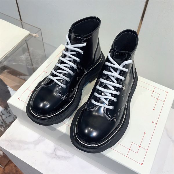 

designer womens boots fashion leather martin boots high heel platform lace up short casual shoes snow boot, Black