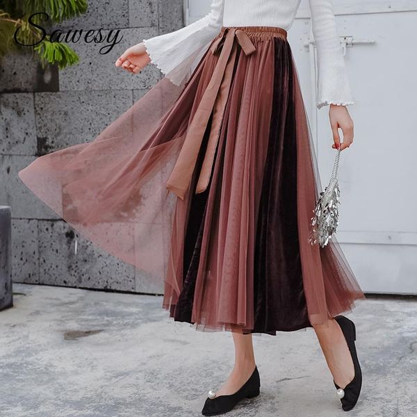 

skirts autumn midi tulle skirt women 2021 fashion elastic high waist velvet ladies with bow steerwear elegant black female
