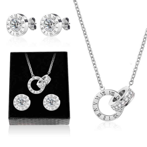 VCORM Luxury Thumral Numeral Collana Orecchini Set per le donne Fashion Acciaio inox Crystal Stud Orecchino Confezione regalo gioielli da sposa