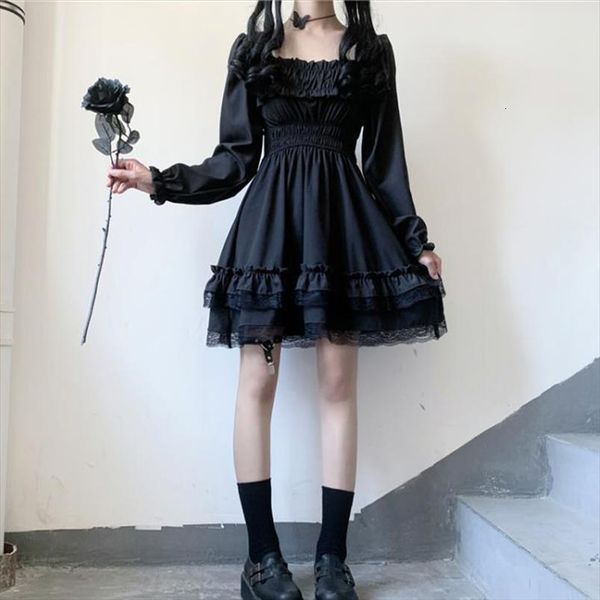

japanese lolita style princess black womens dresses mini slash neck high waist gothic puff sleeve lace ruffles party, Black;gray