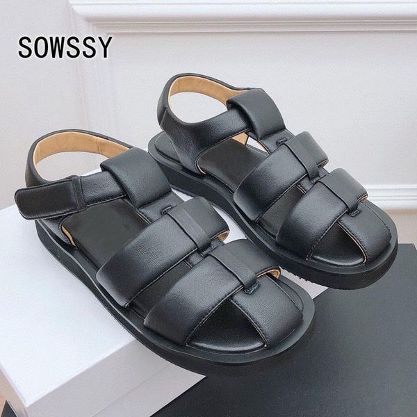 

sandals 2021 women's genuine leather weave hollow outs beach shoes female casual flats summer thick sole sandal ladies, Black