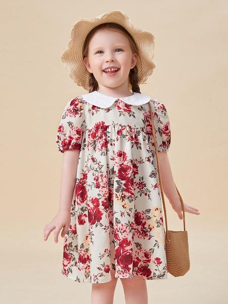 

toddler girls floral print peter pan collar puff sleeve dress she, Red;yellow