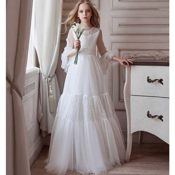 

long sleeve chic flower girl dresses for wedding lace a line kids pageant gowns floor length first communion dress1, Red;yellow