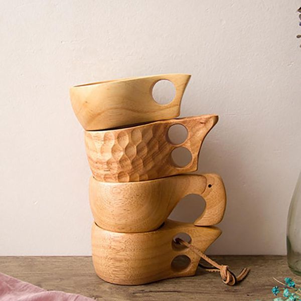 

mugs wooden mug portable coffee with rubber wood handle two hole cowhide rope hook juice milk drinking beer cup drinkware