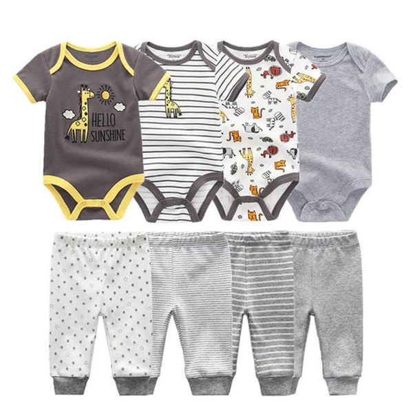

clothing sets 6/8pcs baby girl clothes cotton solid born bodysuits+pants boy ropa short sleeve spring, White