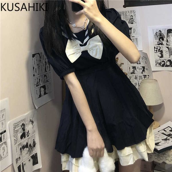 

sweet bowknot women dress korean sailor collar puff short sleeve dresses spring summer hit color vestidos mujer 6f629 210603, Black;gray