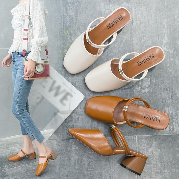 

dress shoes women's square toe heels fashion mules korean style half, Black