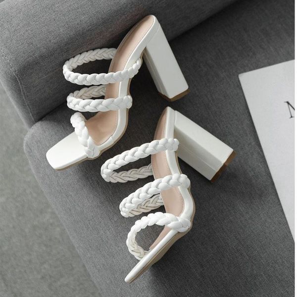 

summer weave women slippers fashion square high heels sandals slip on outdoor beach slides ladies mules pumps, Black