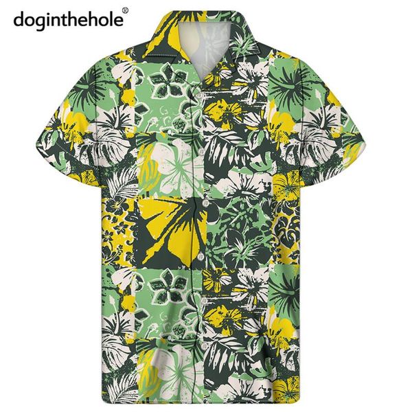 

doginthehole men's casual patchwork beach shirts hawaiian floral and leaves print summer short sleeve cuban collar shirt tunic, White;black