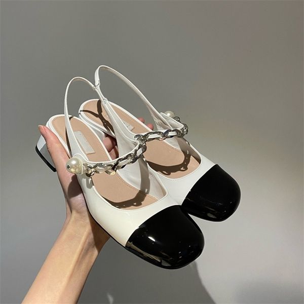 

2021 pearl m * iu family chain sandals women's thick heel baotou back air color matching single shoes 2021 spring and summer new prince, Black
