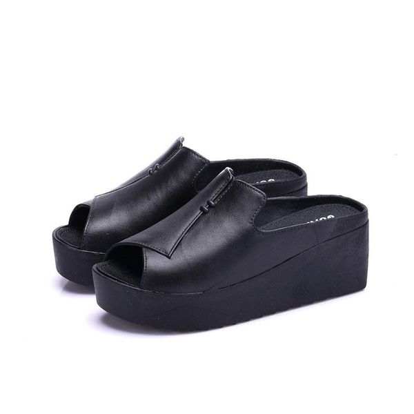 

slippers female summer indoor wedge heel high home bathroom non-slip ladies thick bottom sandals and, Black