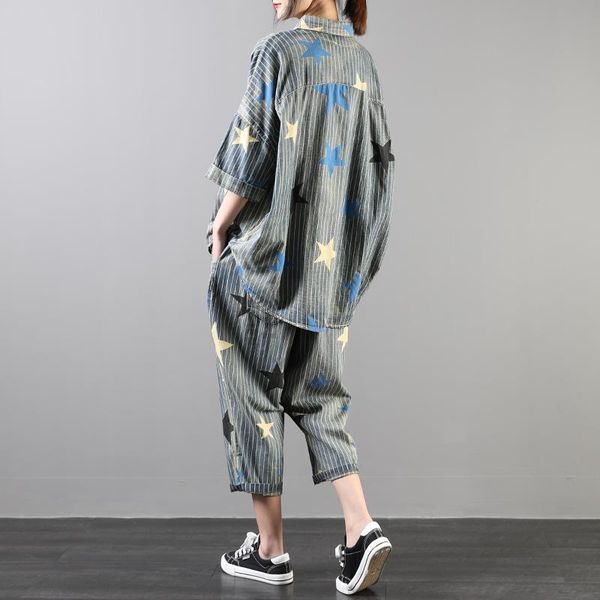 

female summer korean style plus size literary retro loose denim harem two-piece set two piece dress, White