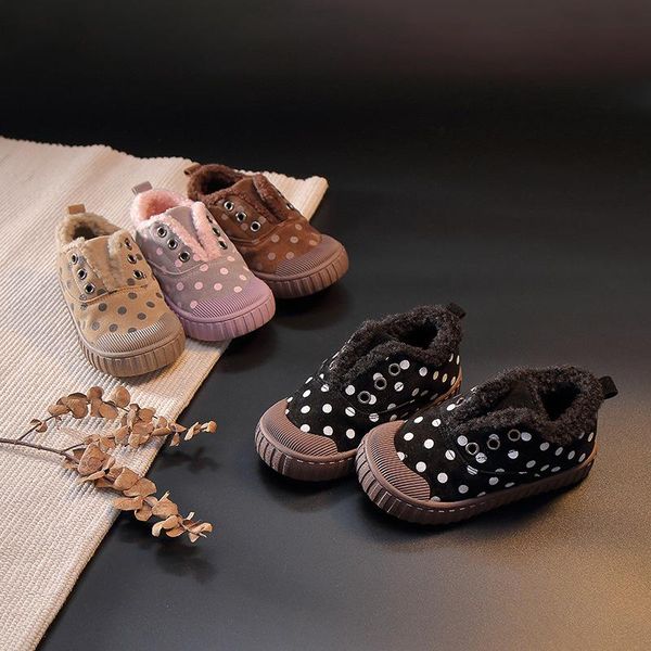 

kids girls shoes 2021 lamb woolwave winter comfortable warm polka dots cotton children fashion sneakers flat casual canvas boots, Black;grey