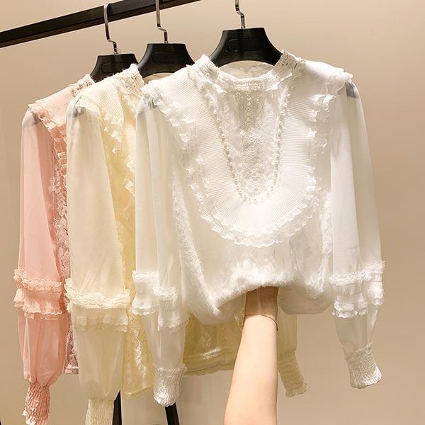 

women's blouses & shirts 2021 korean fashion womens solid stand collar ladies lace stitching long sleeve blusas feminine s69, White