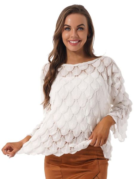 

women's sweaters women hollow out loose sweater casual ladies solid color knitted pullover round neck flare sleeve knitwear, White;black