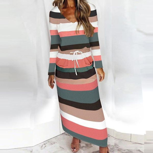 

casual dresses 2021 fall women's long skirt dress lace-up v-neck loose print striped sleeve fashion one-piece vestido, Black;gray