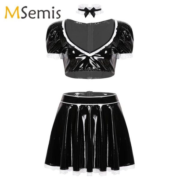 

3pcs women french maid cosplay costume wet look patent leather outfit plunging crop with high waist short skirt and choker one-piece sui