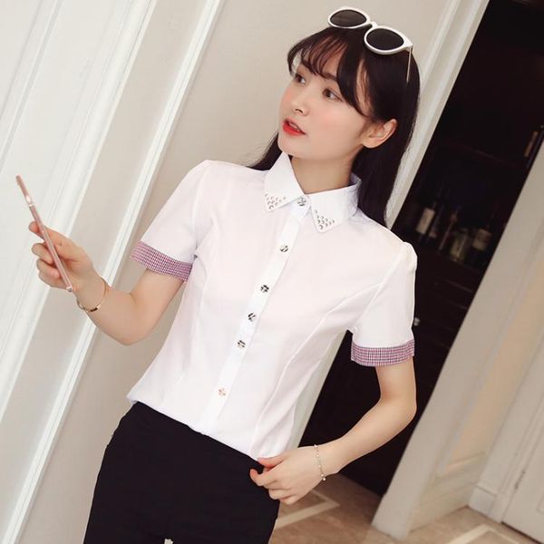 

summer women short sleeve white office lady shirts blouse casual plaid slim blouses women's &